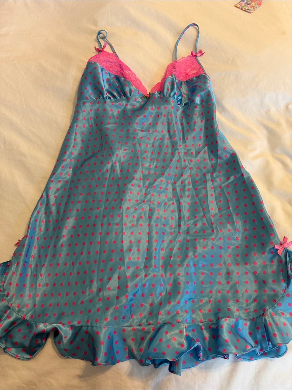 Betsey Johnson Teal Satin Slip with Hot Pink Polka Dots and Lace